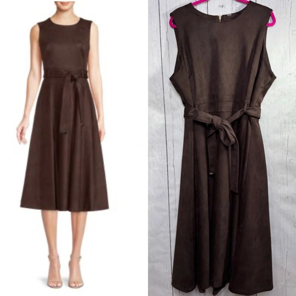 Calvin Klein Faux Suede Brown Sleeveless Belted Midi Dress 20W Quiet Luxury